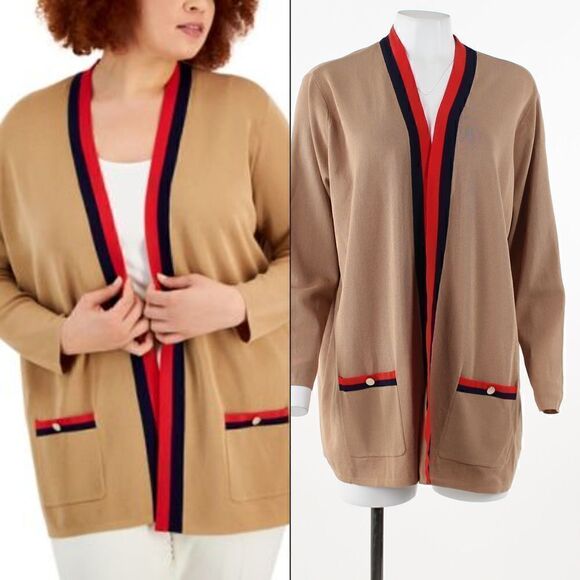 Anne Klein Plus Size Malibu Colorblocked Light Coffee Cardigan - Picture 1 of 5